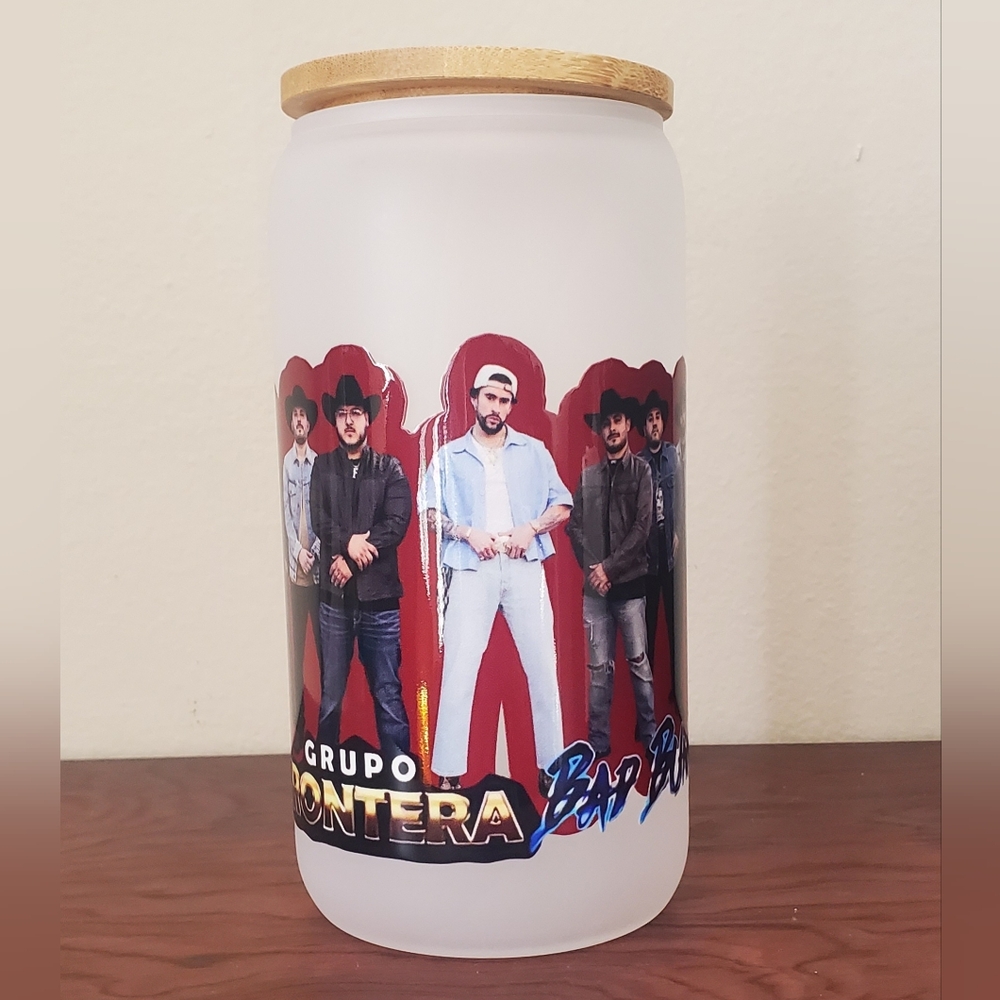 🪻3/$25 Bad Bunny Grupo Frontera Frosted Glass tumbler lid reusable straw 16 oz